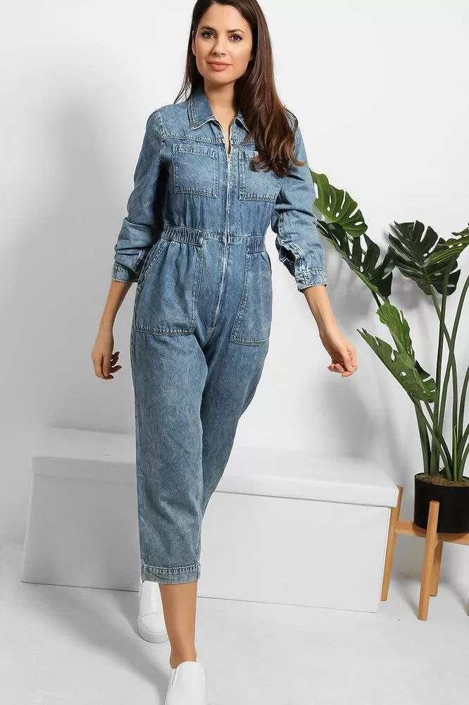 Cropped Leg Zipped Denim Jumpsuit