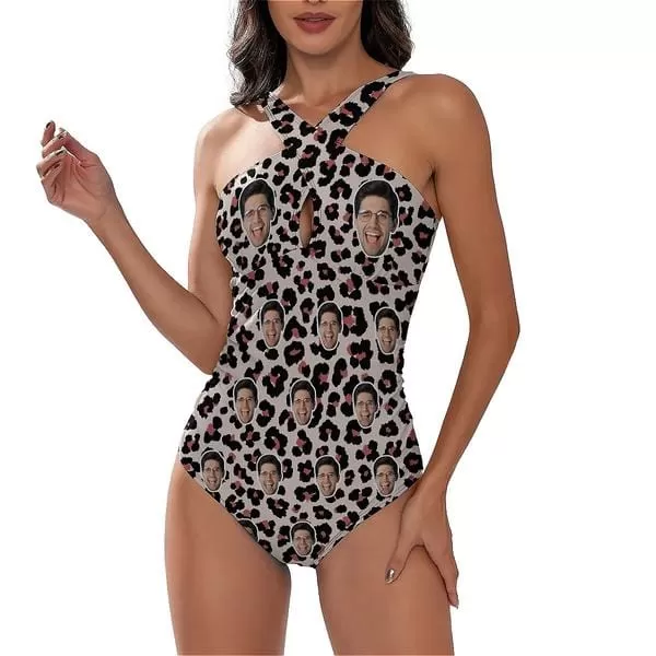 Custom Face Leopard Women's Tummy Control Front Cross Backless Swimsuit Bathing Suit Cross Collar One Piece Swimsuit