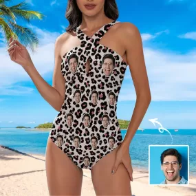 Custom Face Leopard Women's Tummy Control Front Cross Backless Swimsuit Bathing Suit Cross Collar One Piece Swimsuit