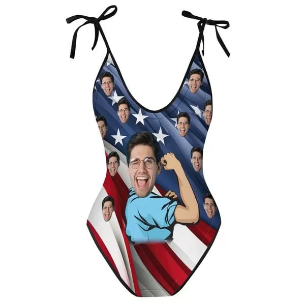 Custom Face USA Flag Strong Men Personalized Deep V-Neck Women's One-Piece Swimsuit Custom Picture Bathing Suit