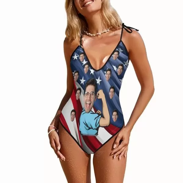 Custom Face USA Flag Strong Men Personalized Deep V-Neck Women's One-Piece Swimsuit Custom Picture Bathing Suit