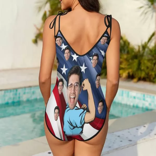 Custom Face USA Flag Strong Men Personalized Deep V-Neck Women's One-Piece Swimsuit Custom Picture Bathing Suit