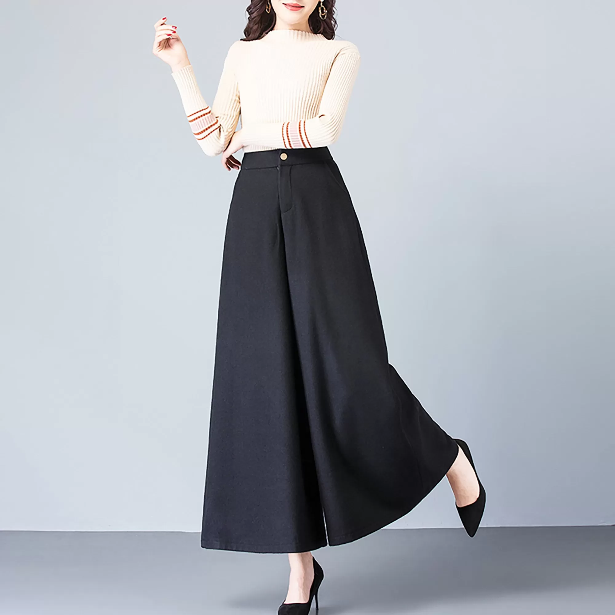 Custom Wool Blend High Rise Cropped Wide Leg Pants