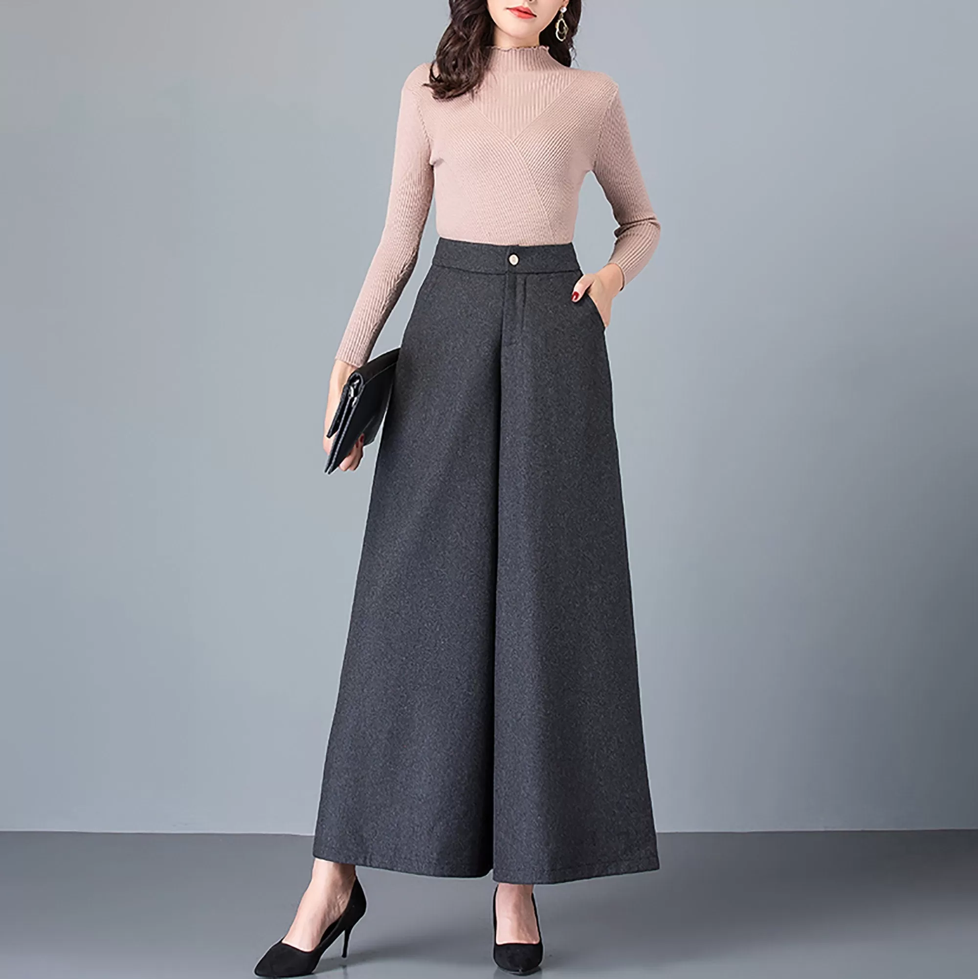 Custom Wool Blend High Rise Cropped Wide Leg Pants