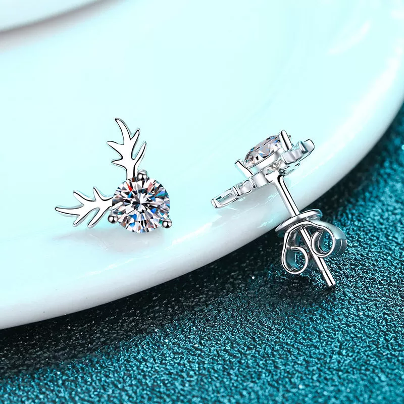 Cute Antler Sterling Silver Moissanite Earrings