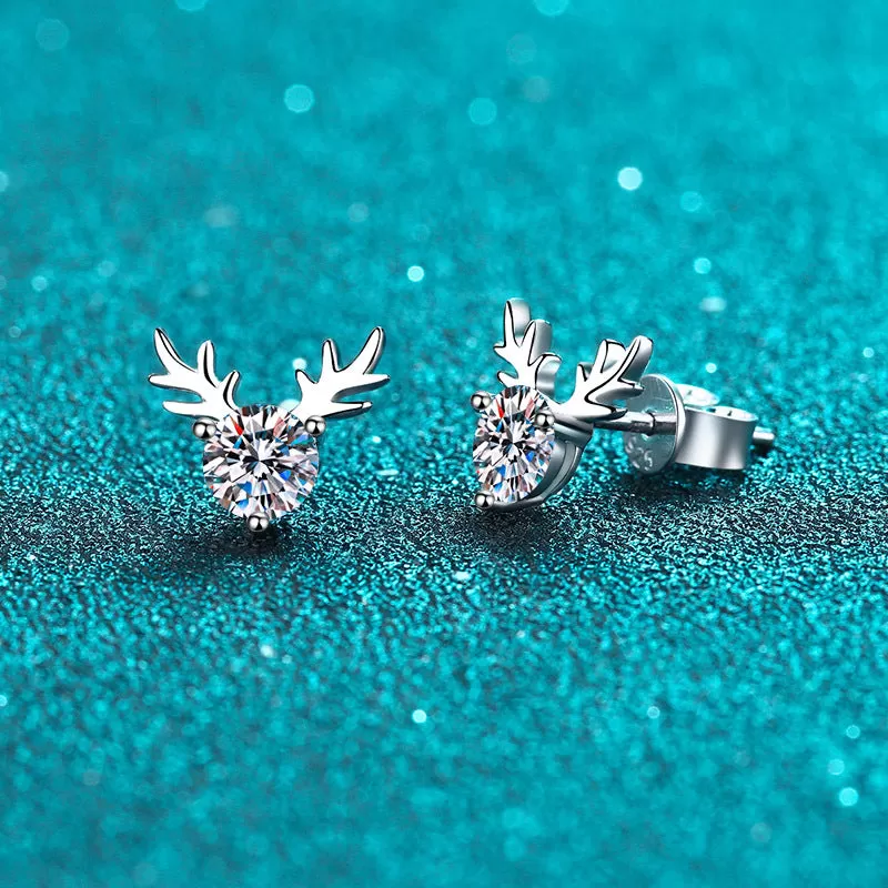 Cute Antler Sterling Silver Moissanite Earrings