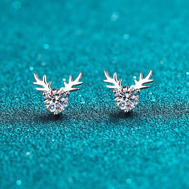 Cute Antler Sterling Silver Moissanite Earrings