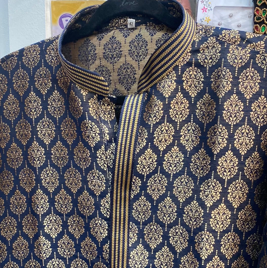 Dazzling Navy Blue Color Brocade Kurta Suits For Men