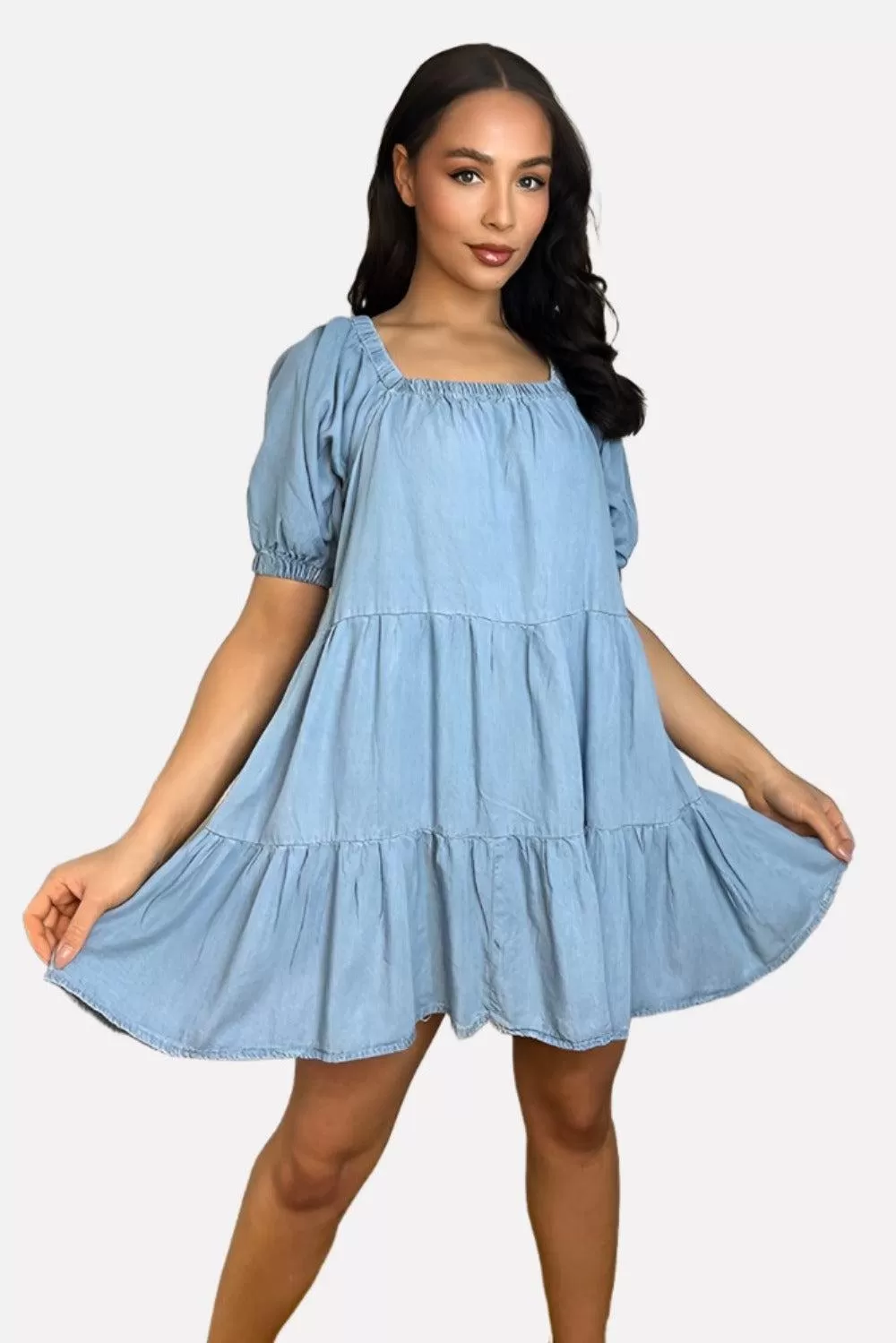 Denim Blue Tiered Milkmaid Dress