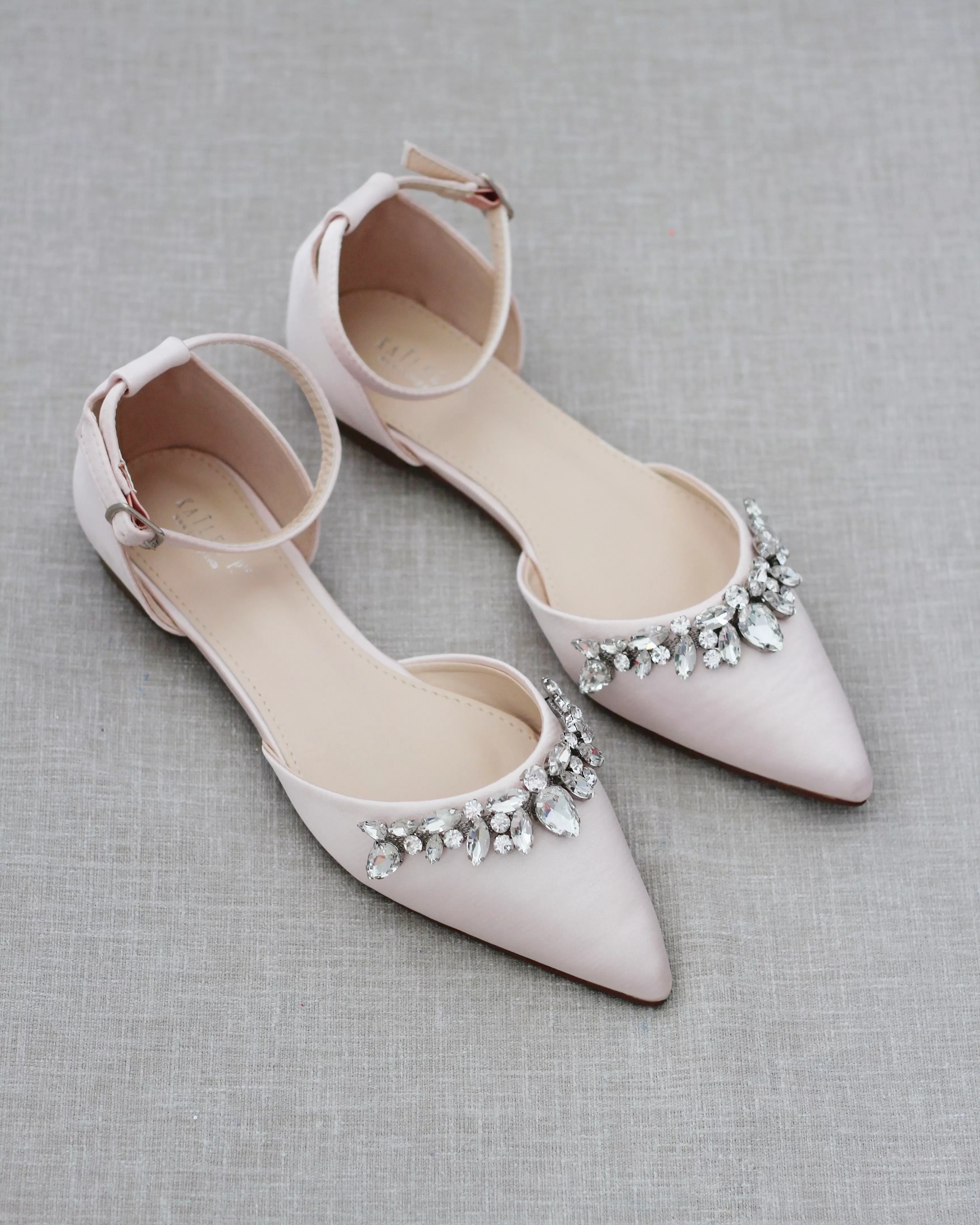 Dusty Pink Satin Pointy Toe Flats with Teardrop Rhinestones Embellishments