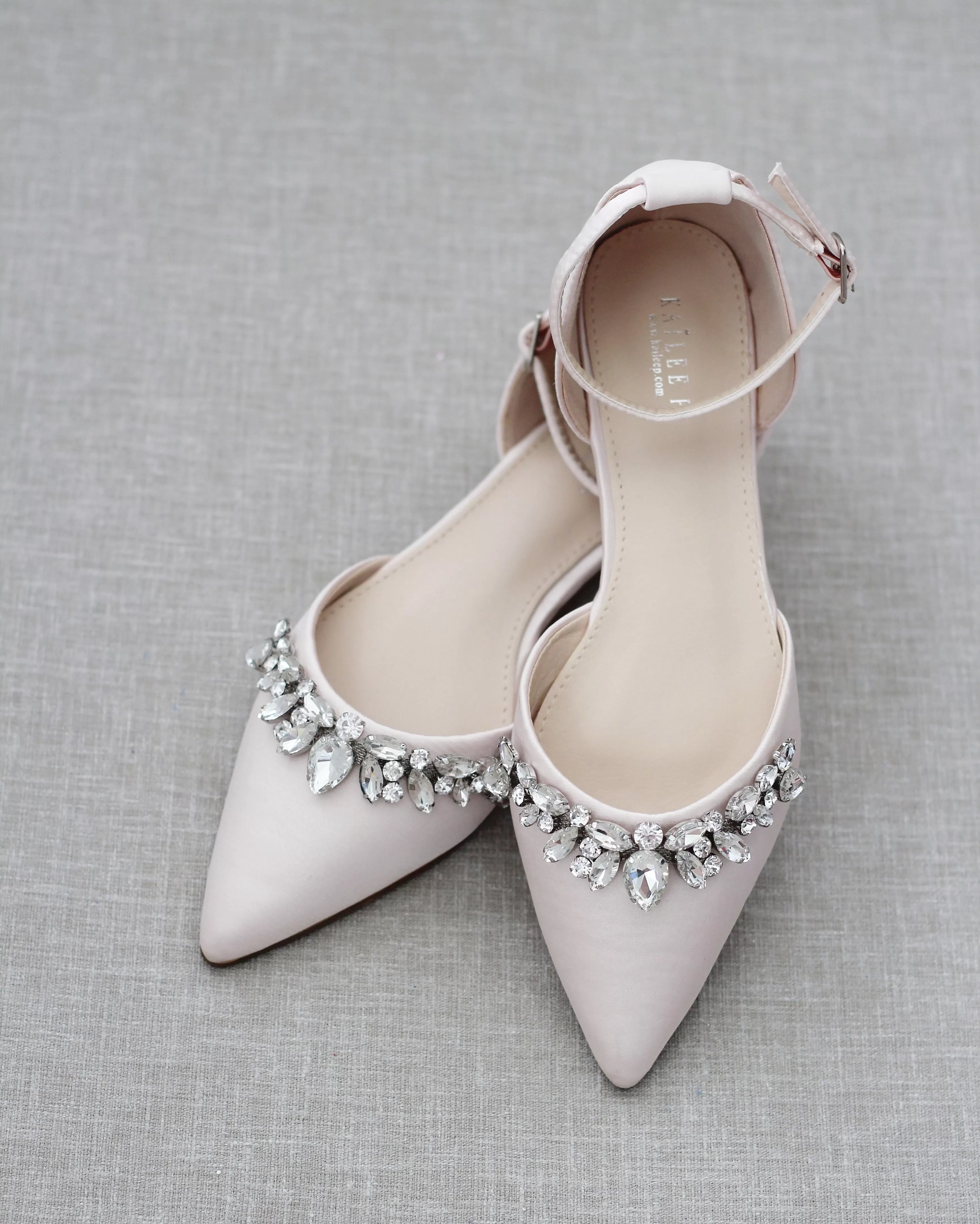 Dusty Pink Satin Pointy Toe Flats with Teardrop Rhinestones Embellishments