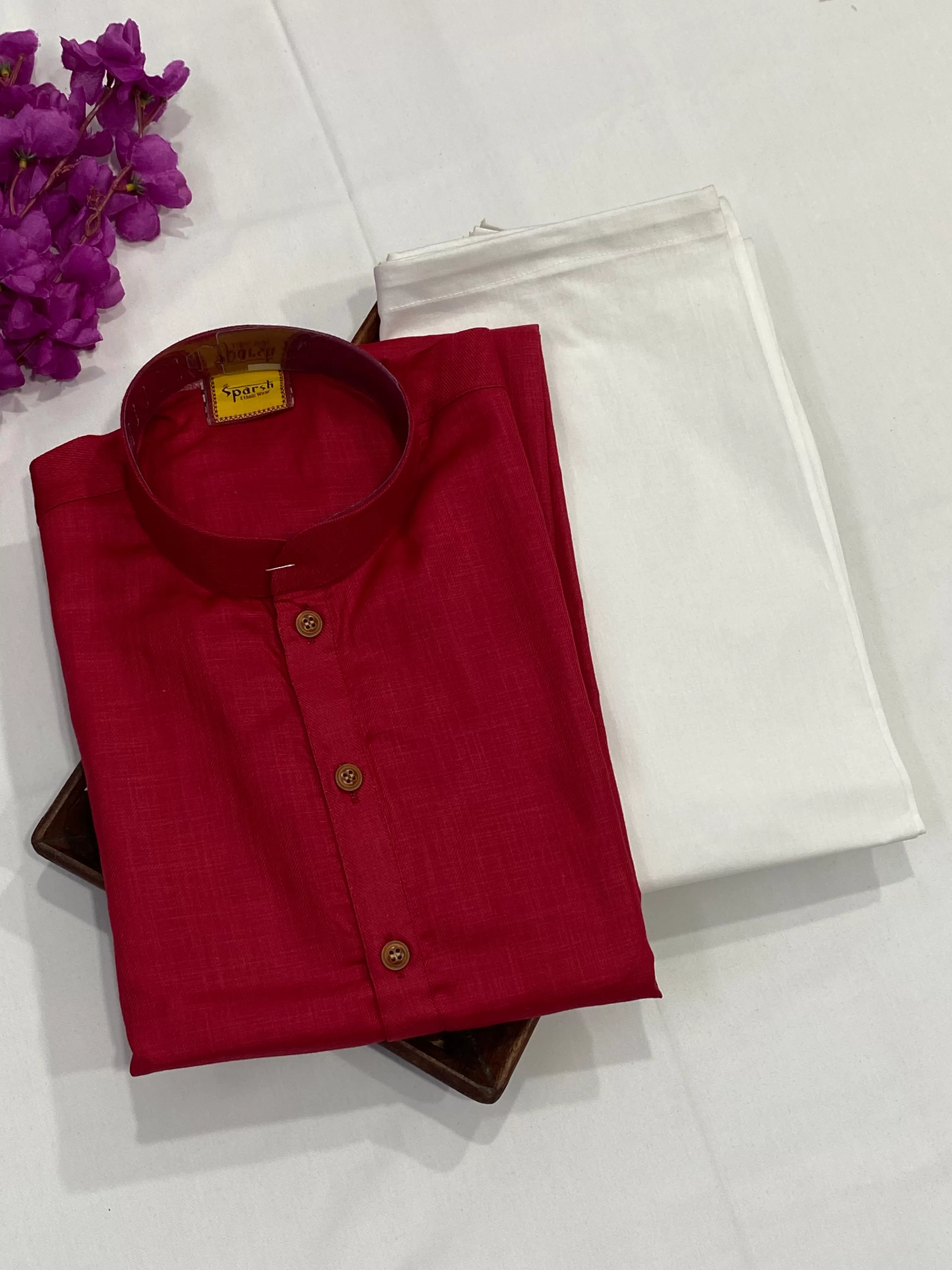 Elegant Red Color Cotton Kurta With Pajama Pants For Kids