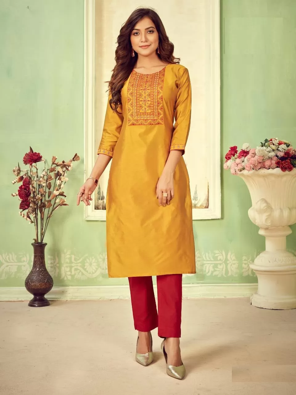 Glorious Golden Yellow 3/4th Sleeve Cotton Tapeta Kurti