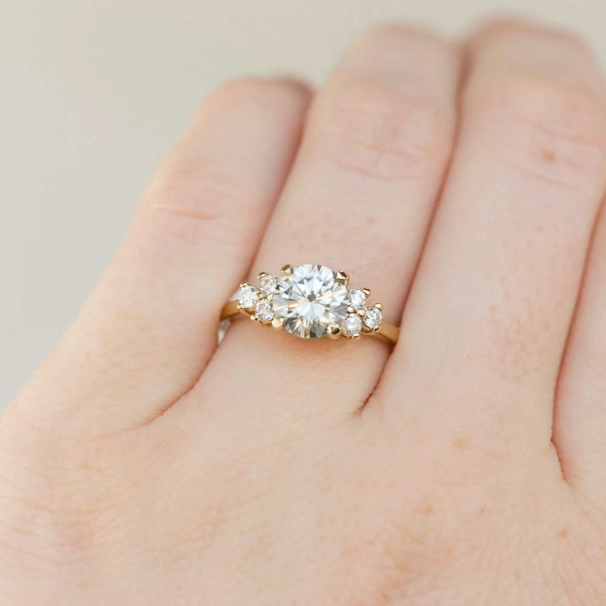 Grey Moissanite and White Diamond Side Stone Cluster Ring