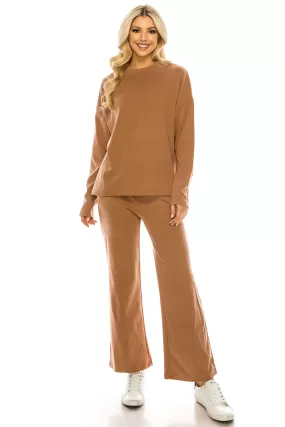 Haute Edition Women's Knit Lounge Set with Sweatshirt and Flared Pant