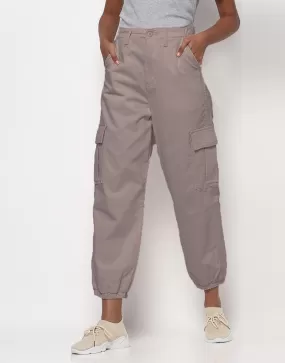 High Rise Denim Cargo Joggers in Light Brown