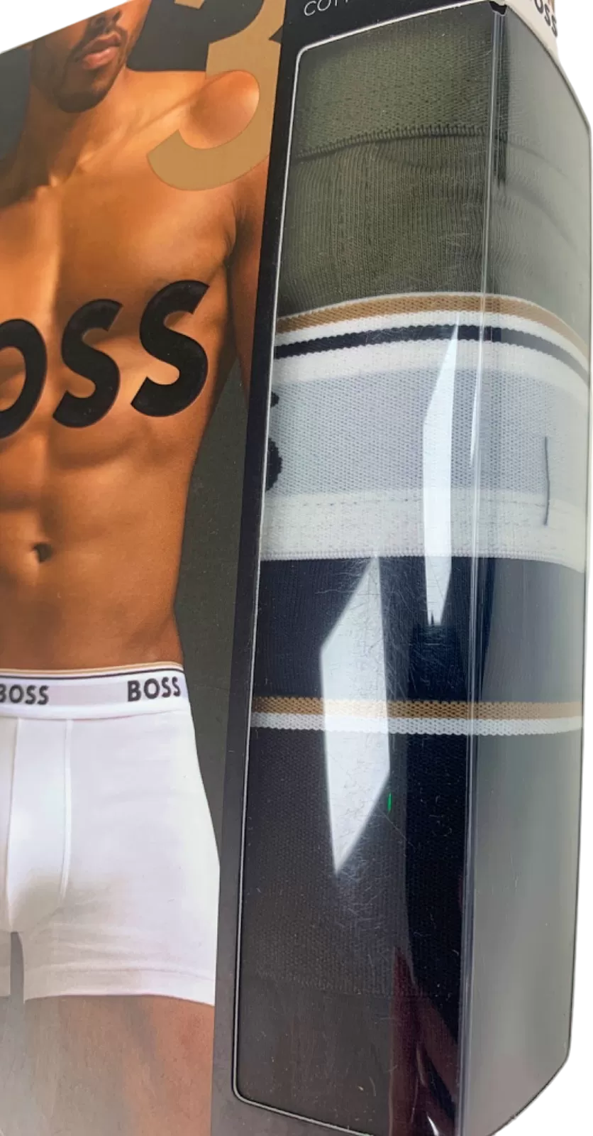 Hugo Boss Black/Navy/Khaki Logo waistband 3 Pack Power Boxer Trunks UK L