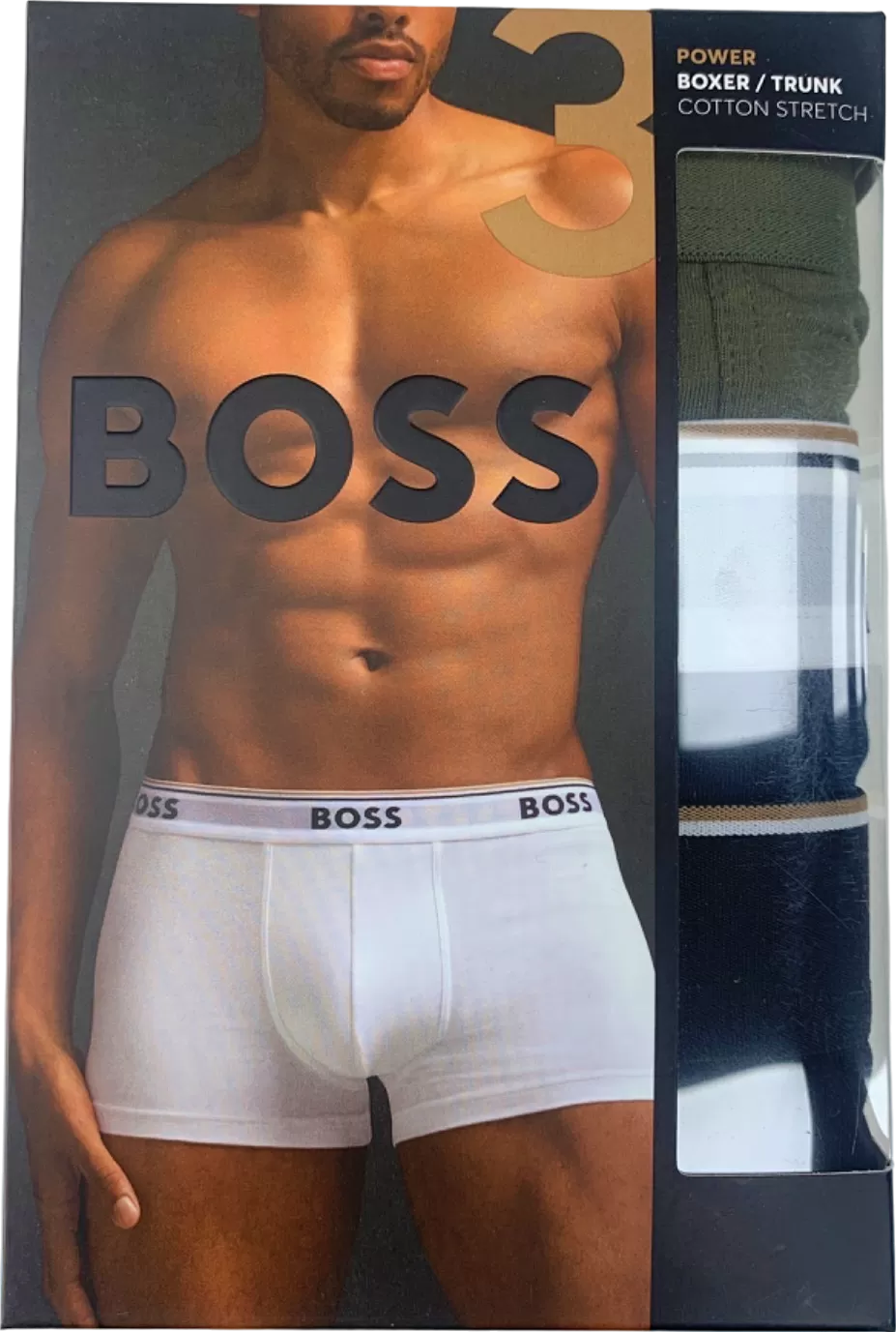 Hugo Boss Black/Navy/Khaki Logo waistband 3 Pack Power Boxer Trunks UK L