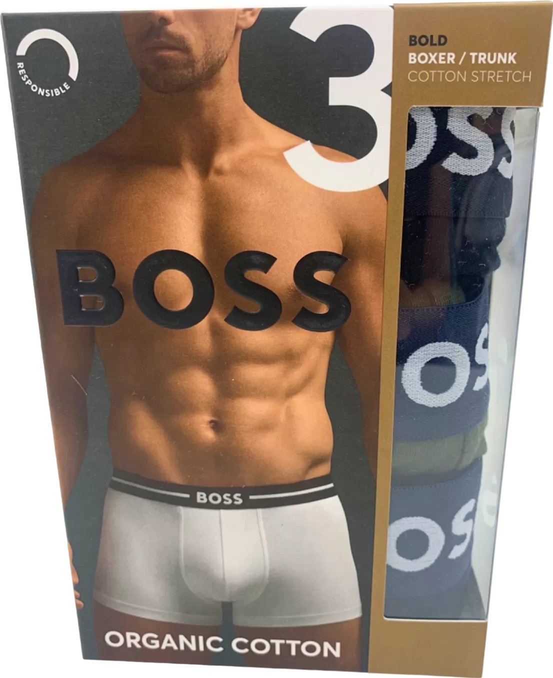 Hugo Boss Set of 3 Black/Khaki/Navy Logo waistband Organic Cotton Trunk Boxer Shorts UK M