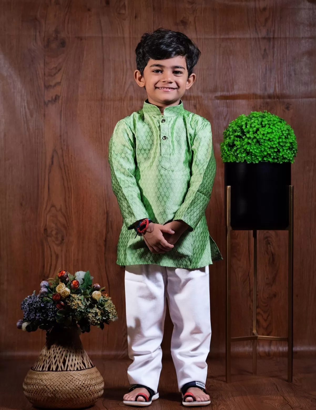 Kid's Designed Jacquard Sherwani with Pajama Set - Light Green