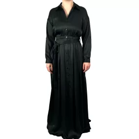 L'Agence Brand New Black Plisse Satin Maxi Shirtdress XXS/XS/S