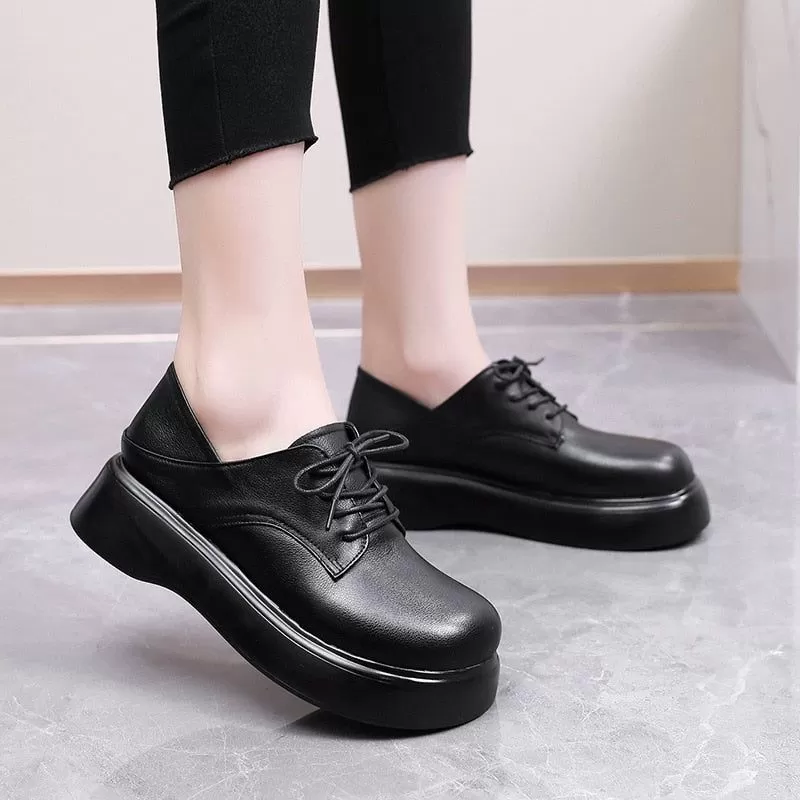 Leather Lace-up Loafers Platform Women's Casual Shoes EK316