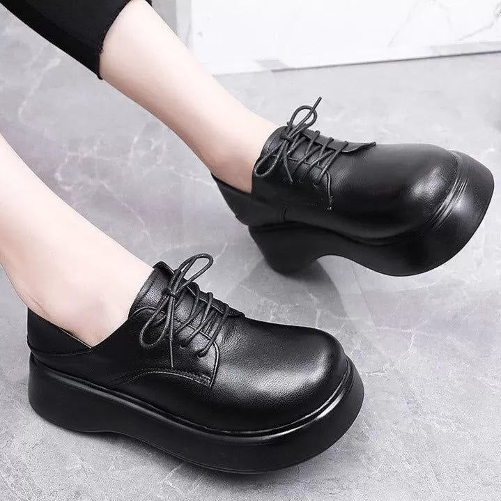 Leather Lace-up Loafers Platform Women's Casual Shoes EK316