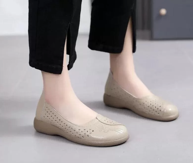 LFN2306 Hollow Leather Flats Loafers: Women's Casual Shoes