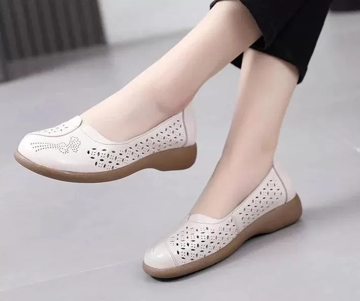 LFN2306 Hollow Leather Flats Loafers: Women's Casual Shoes