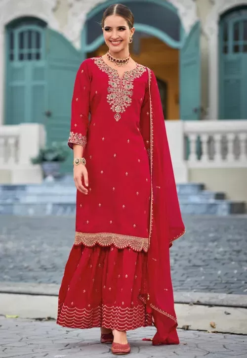 Magnificent Red Color Roman Silk Designer Sharara Suits With Fancy Dupatta