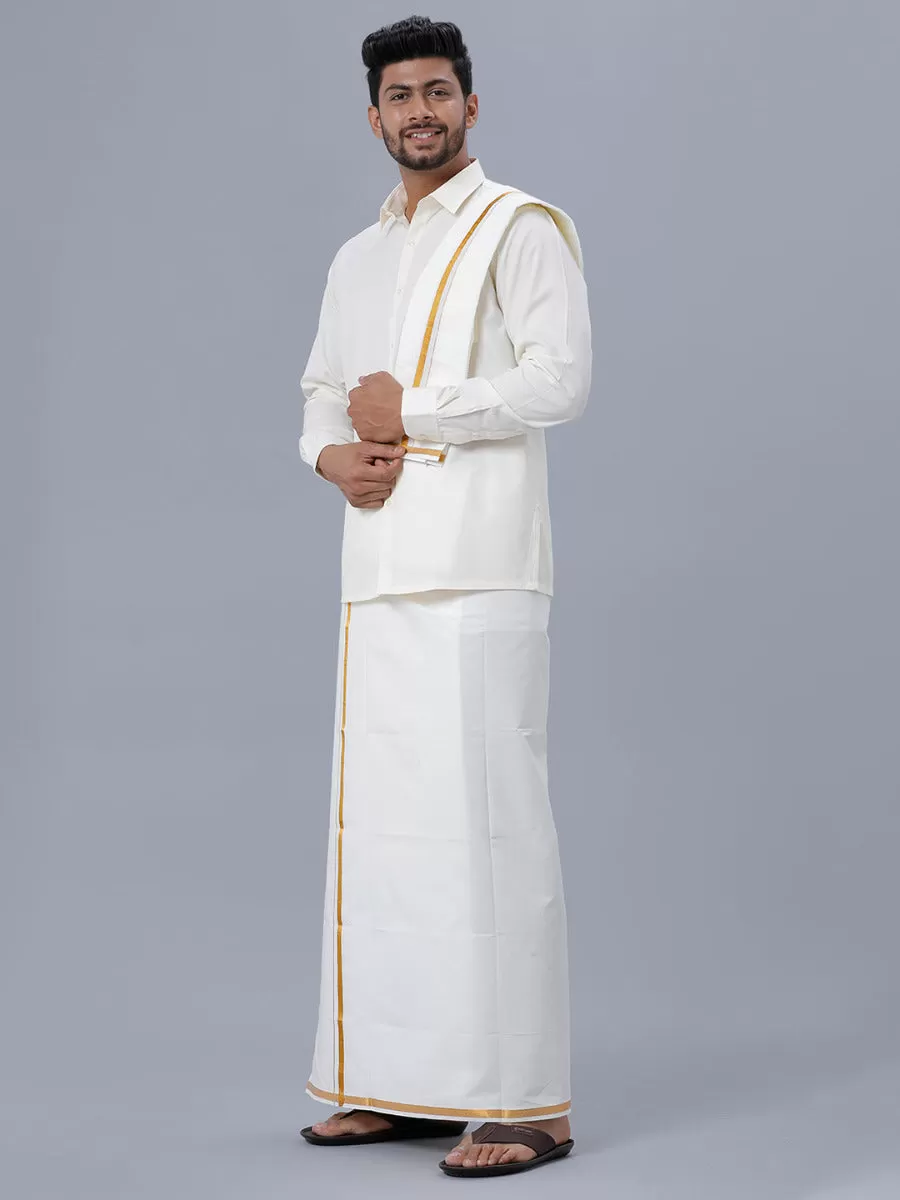 Men Cream Full Sleeves Shirt 1/2 Gold Jari Double Dhoti & Towel & Belt Combo