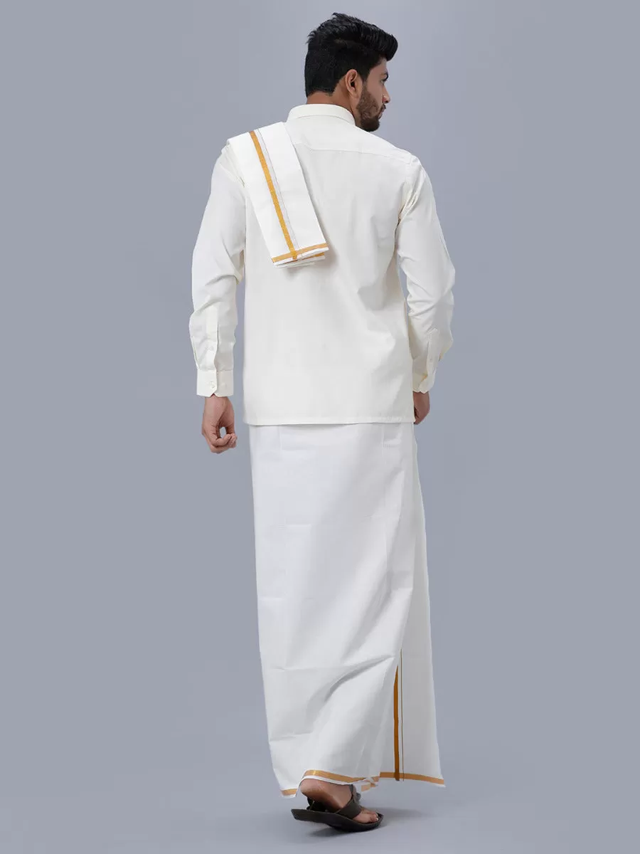 Men Cream Full Sleeves Shirt 1/2 Gold Jari Double Dhoti & Towel & Belt Combo