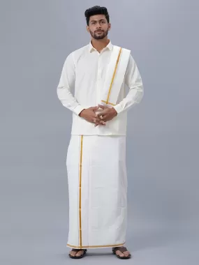 Men Cream Full Sleeves Shirt 1/2 Gold Jari Double Dhoti & Towel & Belt Combo