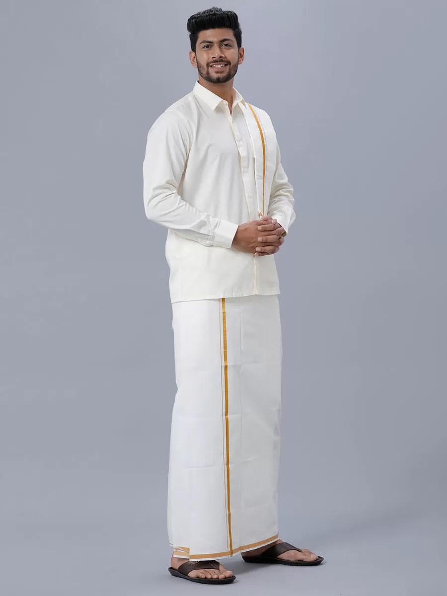 Men Cream Full Sleeves Shirt 1/2 Gold Jari Double Dhoti & Towel & Belt Combo