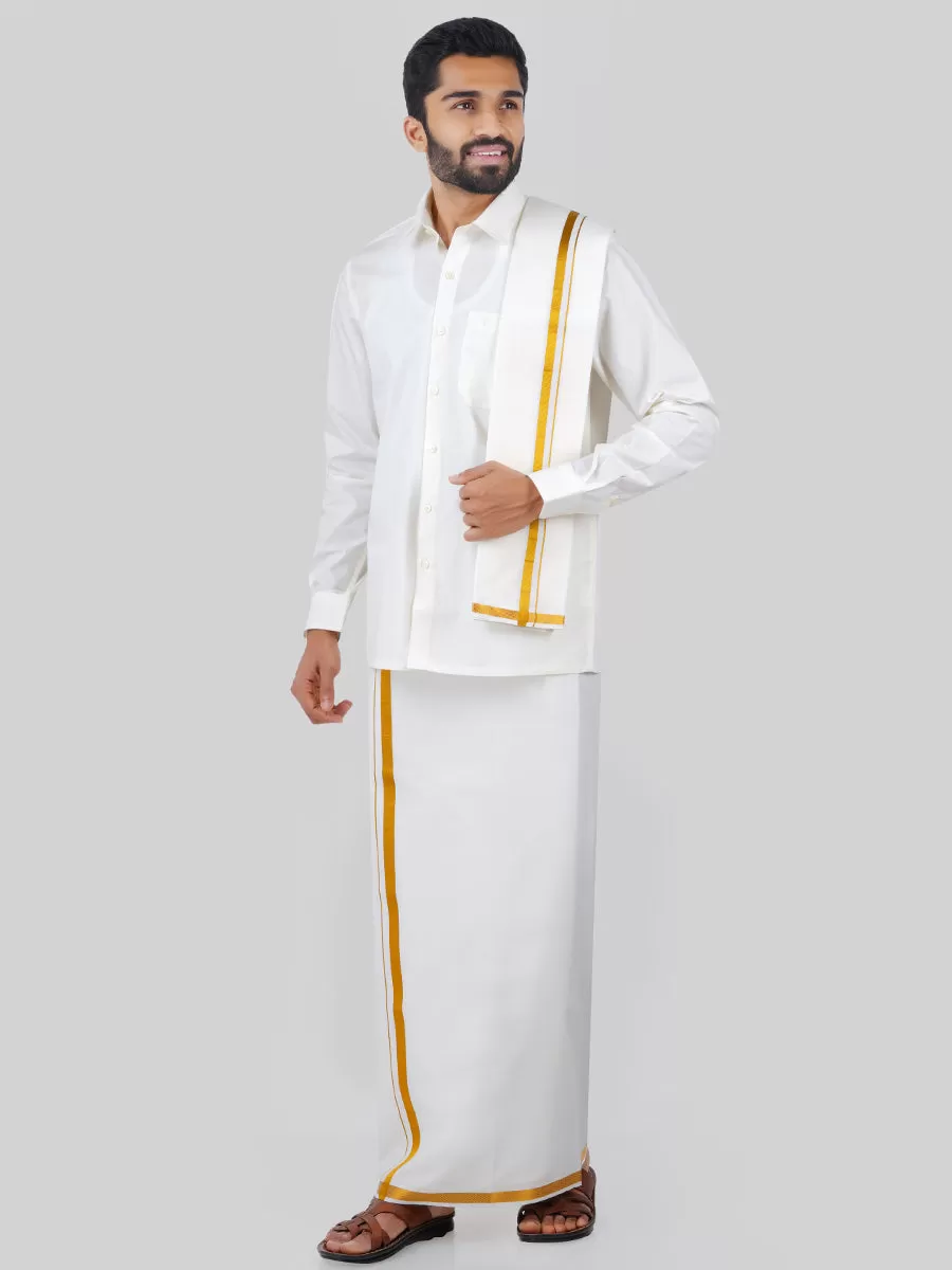 Men Cream Full Sleeves Shirt 1/2 inch  Gold Jari Single Dhoti & Towel & Belt Combo