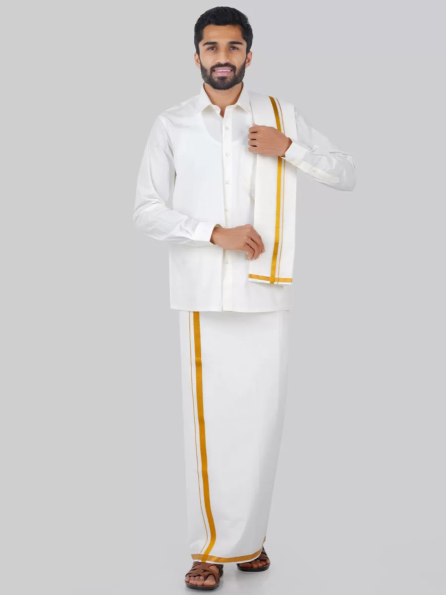 Men Cream Full Sleeves Shirt 1/2 inch  Gold Jari Single Dhoti & Towel & Belt Combo