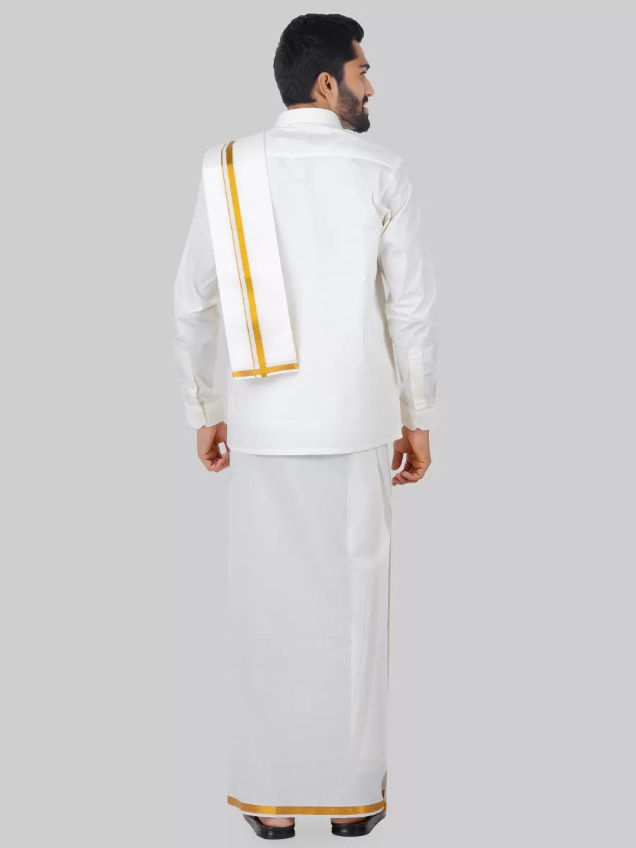 Men Cream Full Sleeves Shirt 1/2 inch  Gold Jari Single Dhoti & Towel & Belt Combo