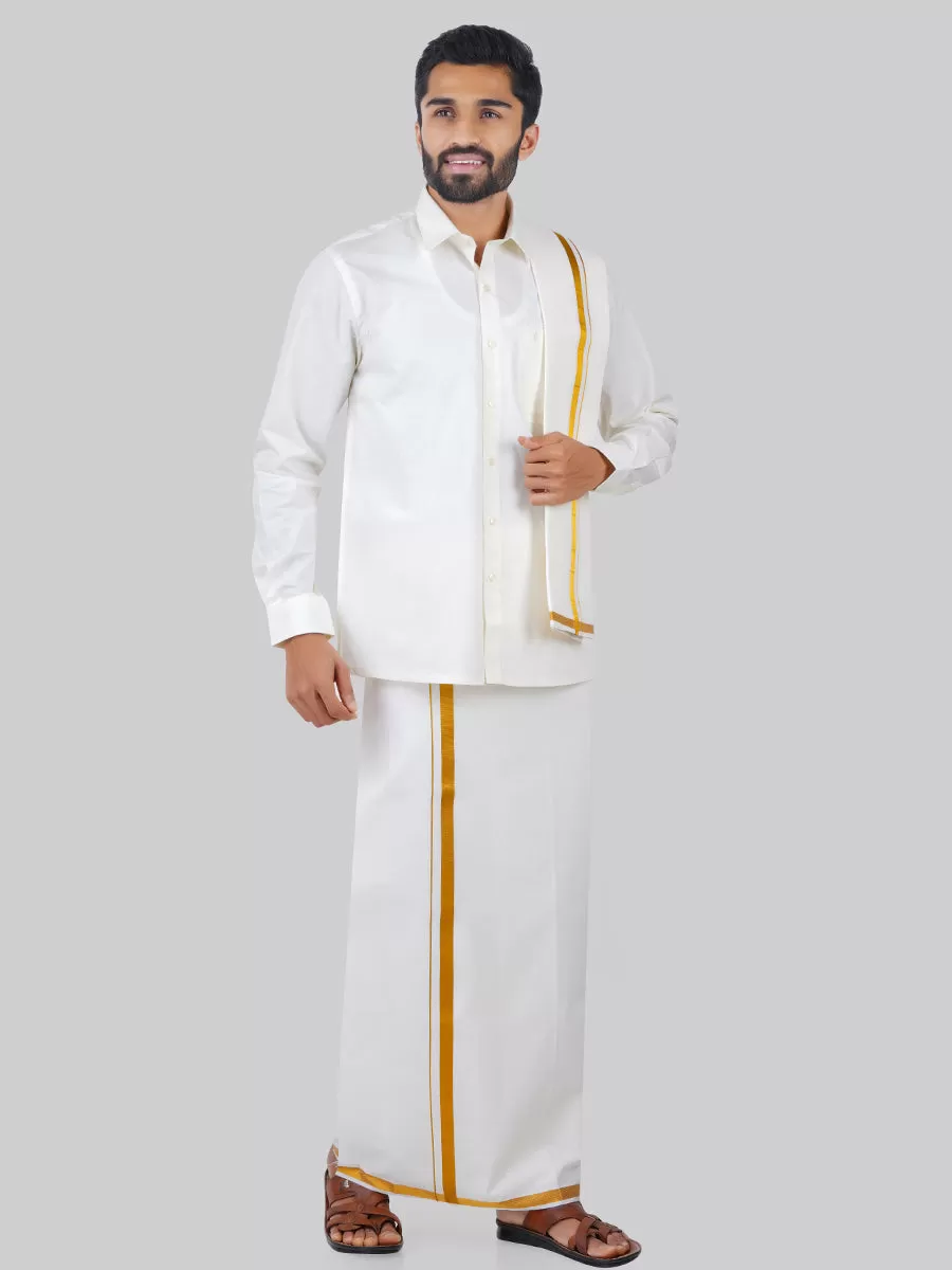 Men Cream Full Sleeves Shirt 1/2 inch  Gold Jari Single Dhoti & Towel & Belt Combo