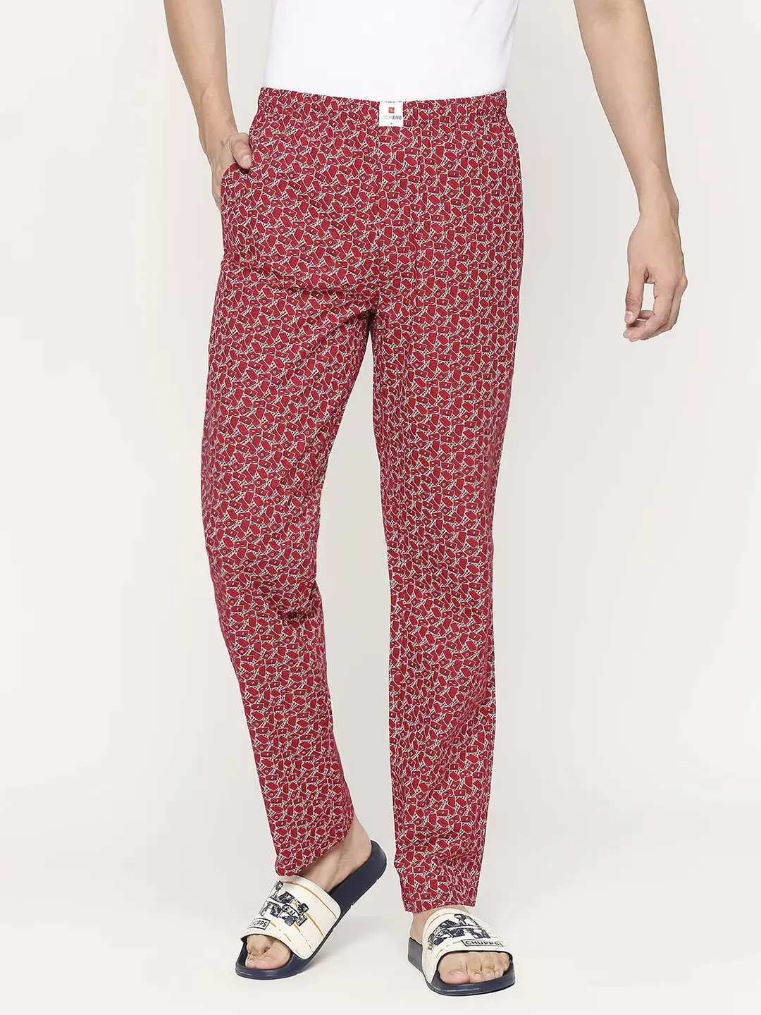 Men Premium Red & White Cotton Regular Fit Pyjama - UnderJeans by Spykar