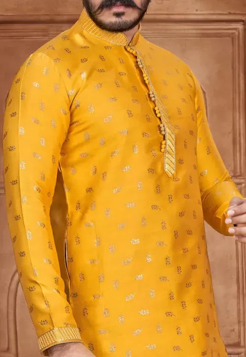 Men's Pure Jacquard Leaf Work Kurta Pajama Set In Yellow