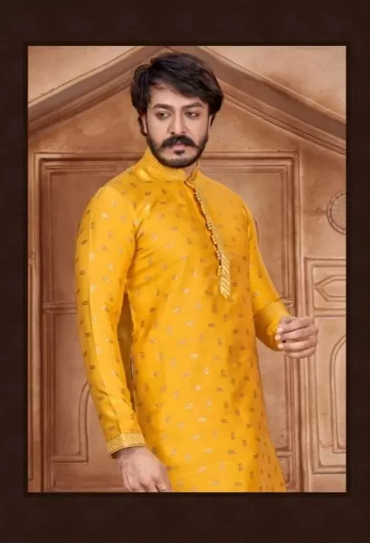 Men's Pure Jacquard Leaf Work Kurta Pajama Set In Yellow