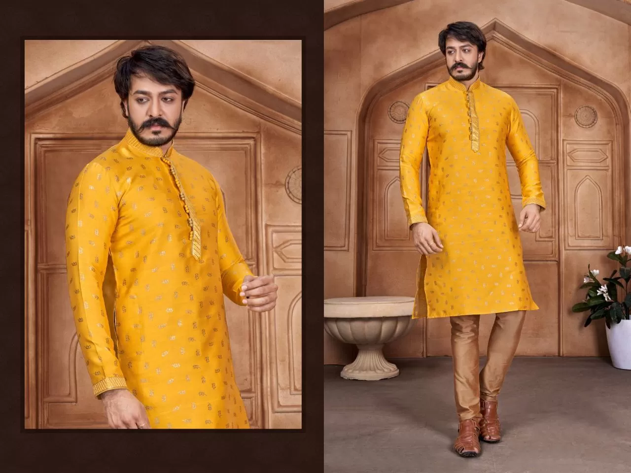 Men's Pure Jacquard Leaf Work Kurta Pajama Set In Yellow