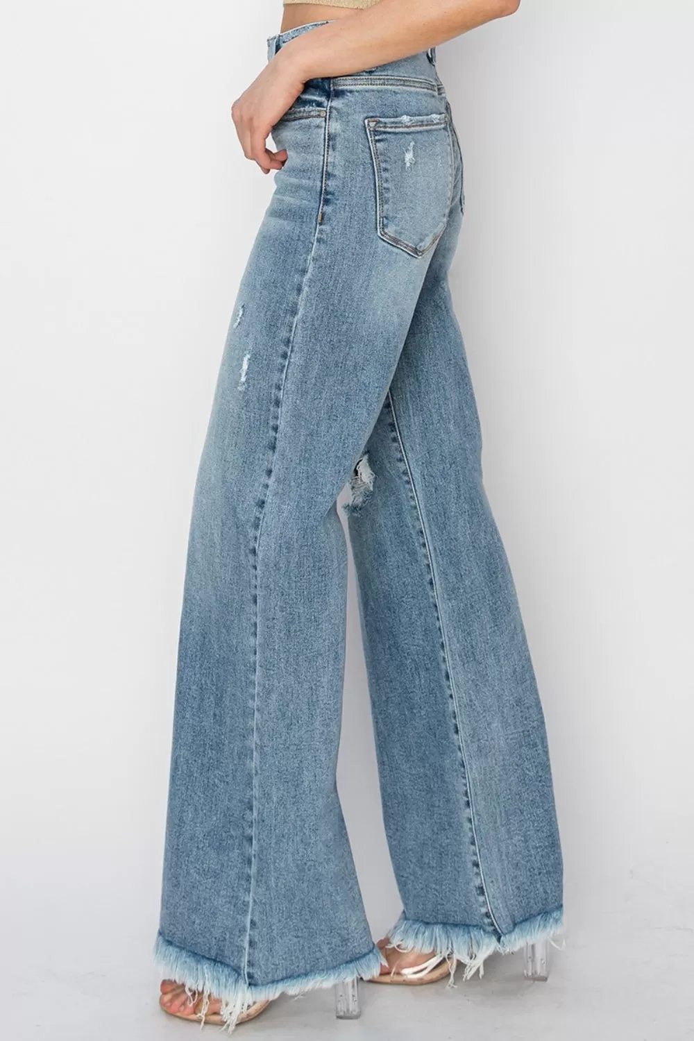 Mid Rise Washed Button Fly Wide Leg Jeans