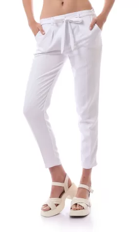 O169445 Slip On White Classic Pants With Belt