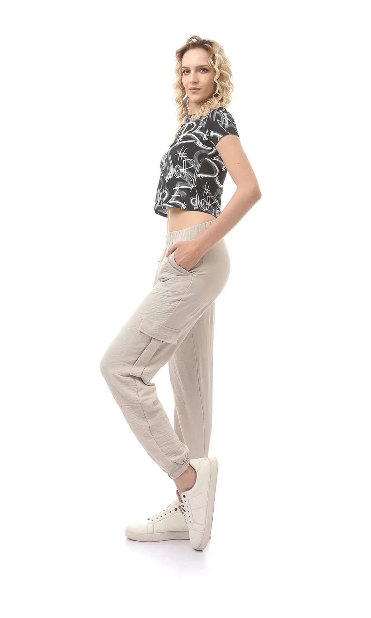 O170596 Beige Comfy Elastic Waist With Hem Trousers