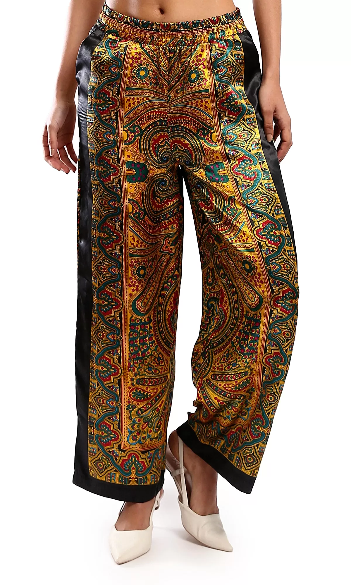 O179127 Fashionable Black & Turquoise Patterned Wide-Leg Pants