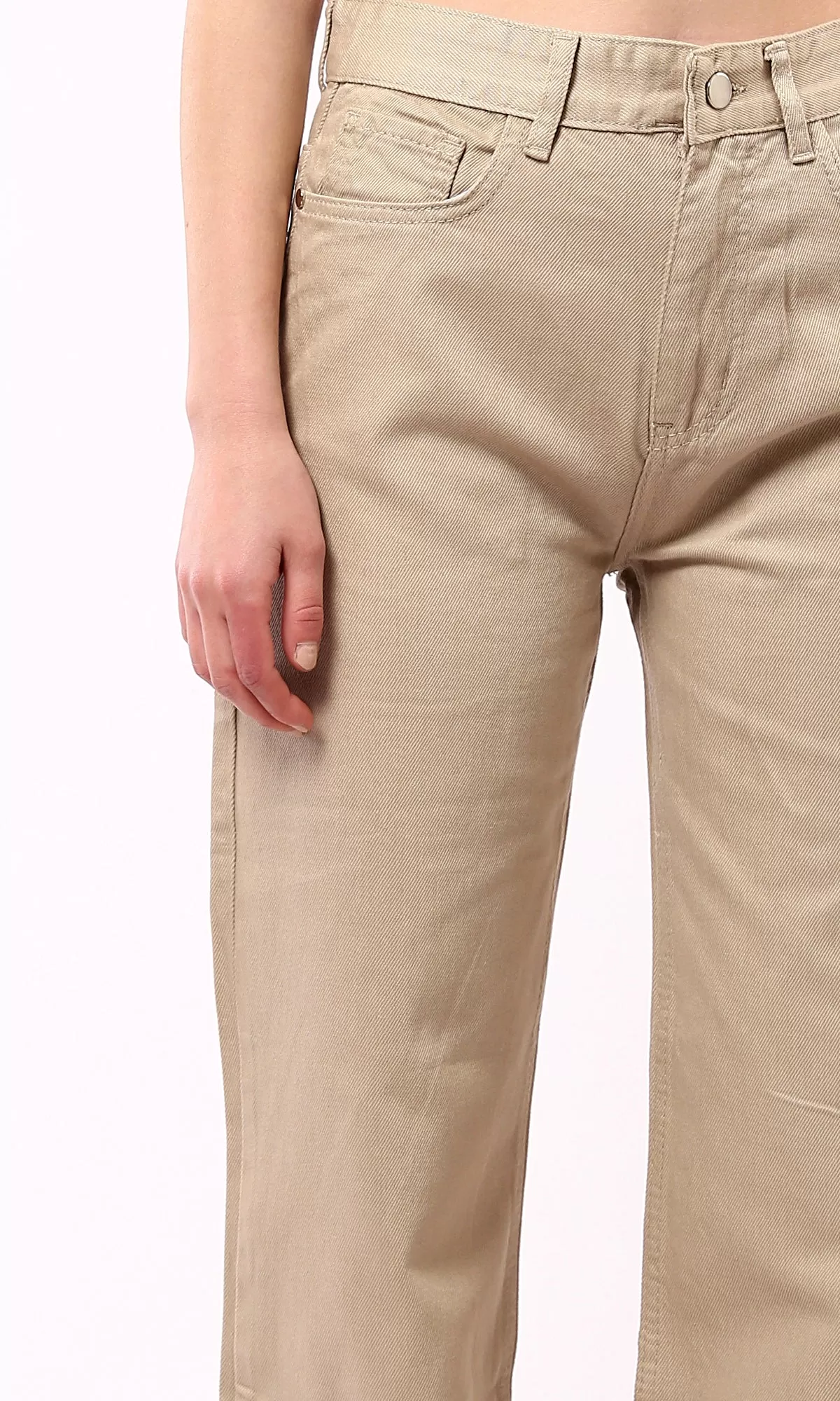 O189385 Beige Wide-Leg Casual Jeans With Pockets