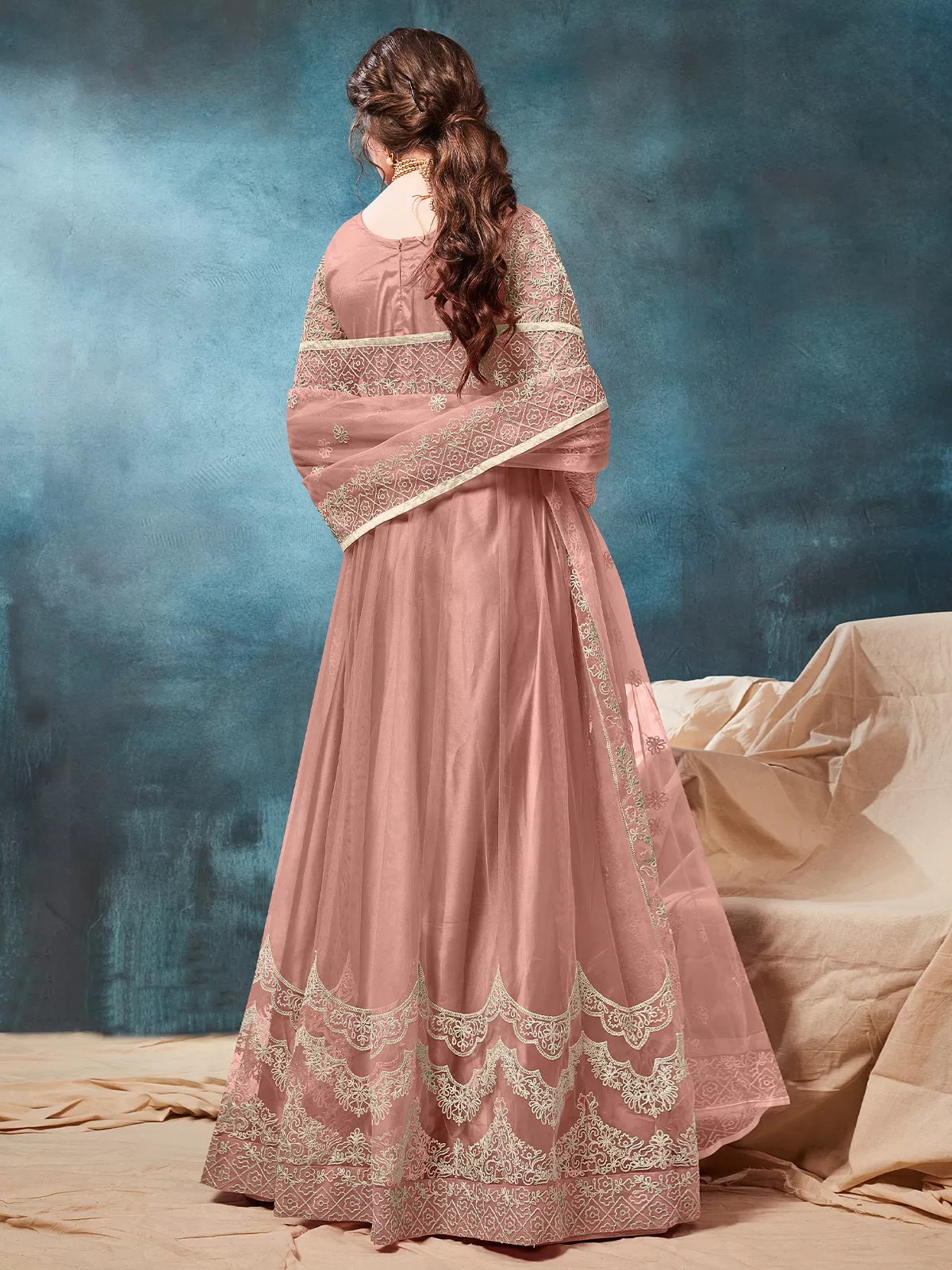 Odette Peach Net Embroidered Semi stitched Kurta Set with Inner For Women