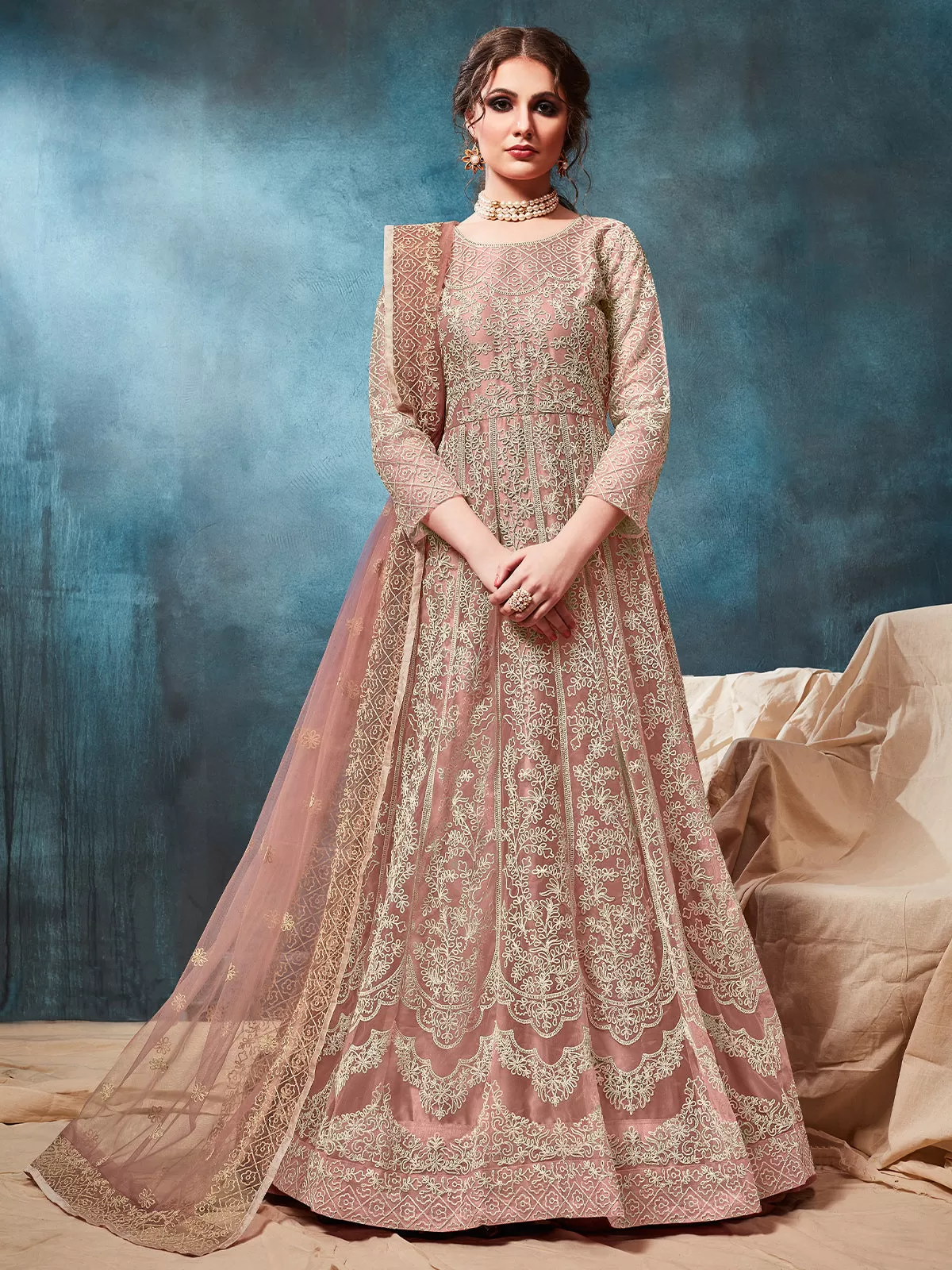 Odette Peach Net Embroidered Semi stitched Kurta Set with Inner For Women