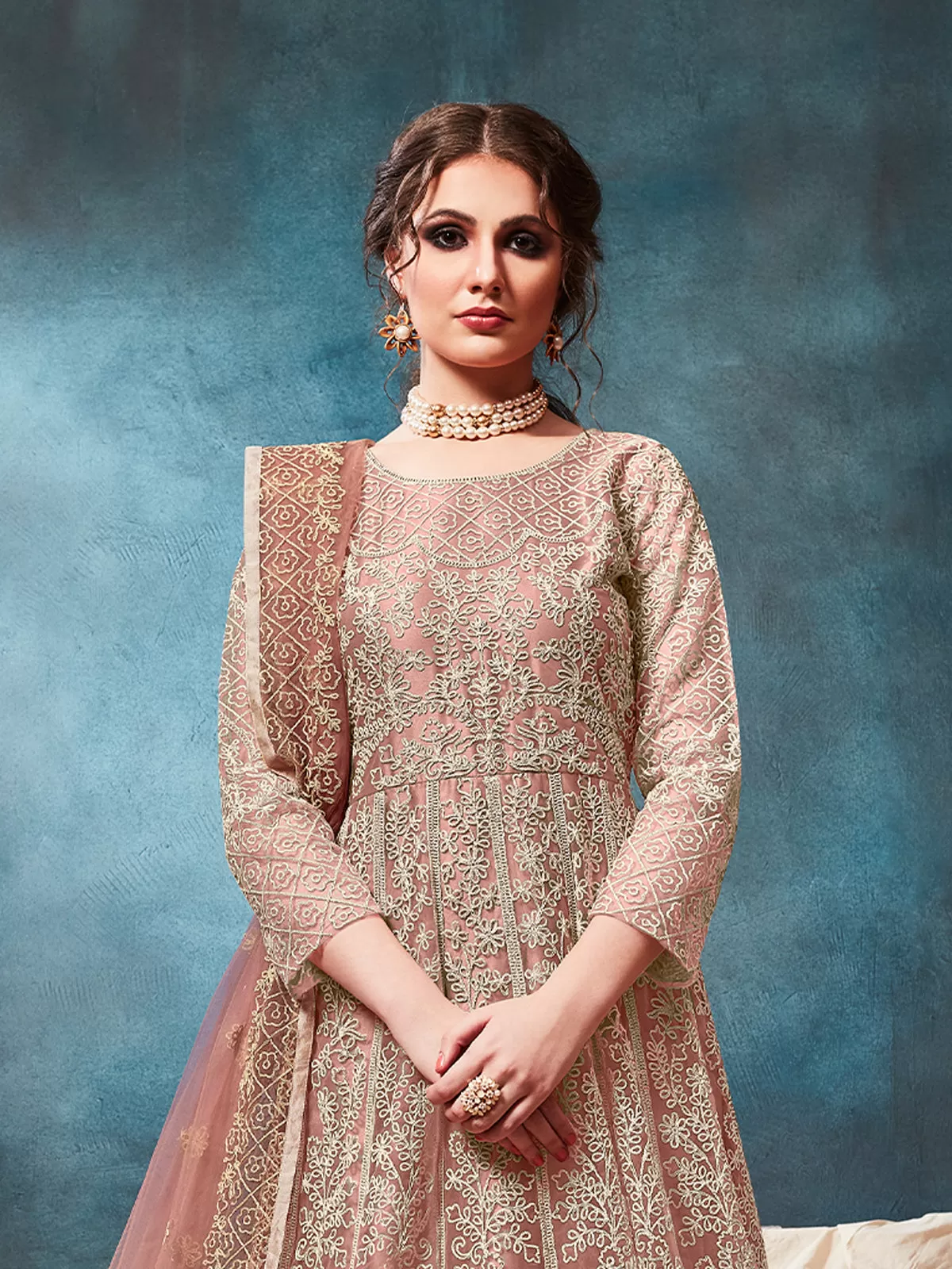 Odette Peach Net Embroidered Semi stitched Kurta Set with Inner For Women